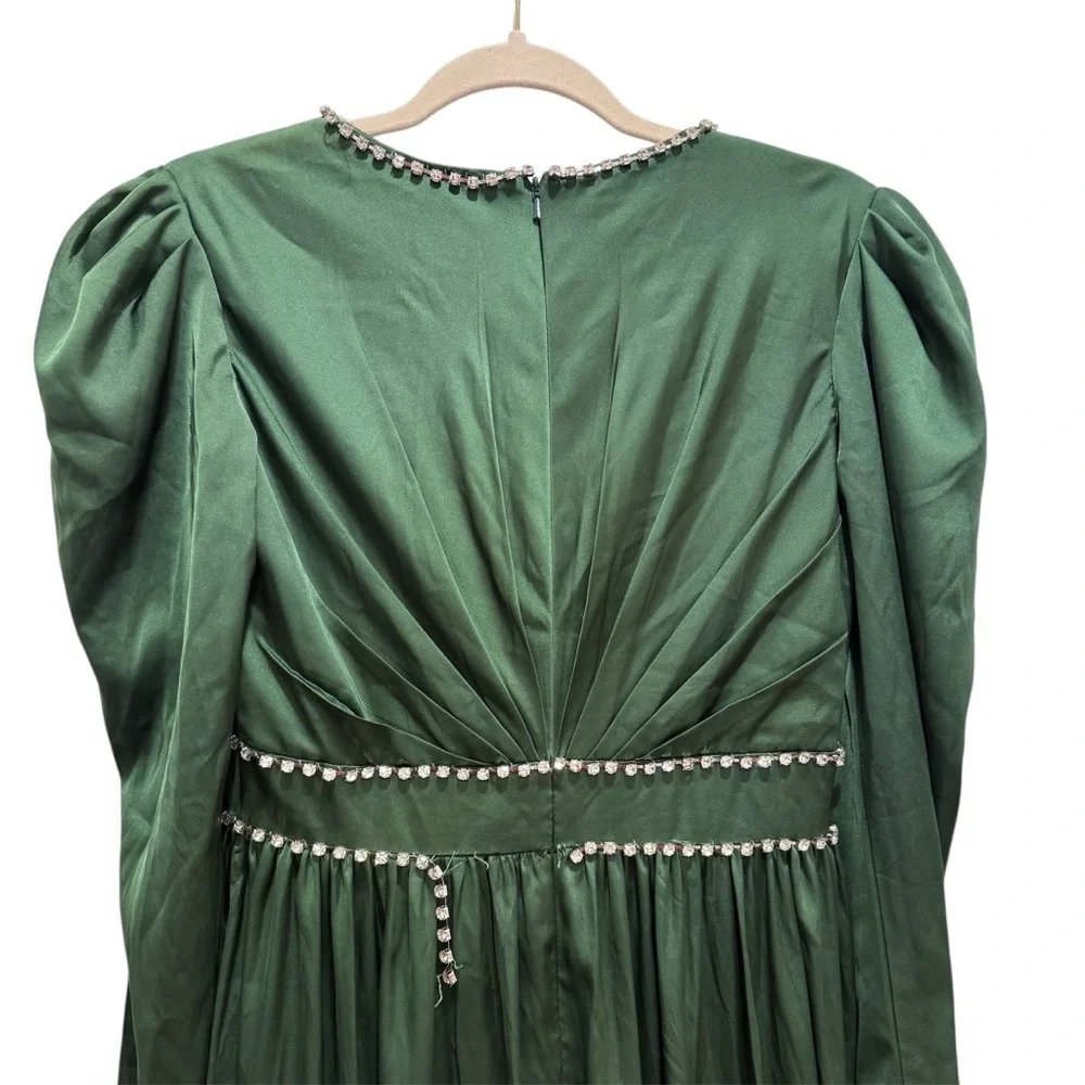 Mac Duggal Satin Puff Shoulder Rhinestone Gown Formal Party Prom #55702 Green 2 - Picture 10 of 15